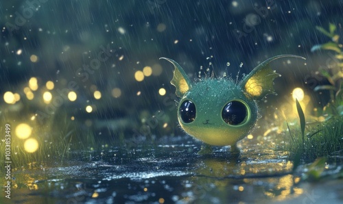 Cute Fantasy Creature in Mystical Rainy Forest Scene photo