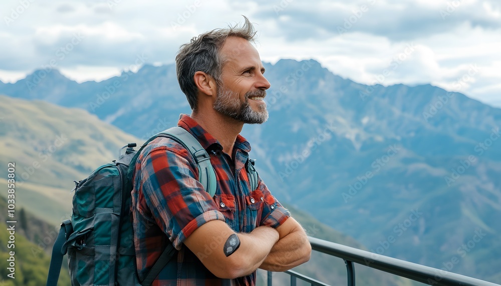 Man with Backpack Admiring Mountain View Man with Backpack Admiring Mountain View