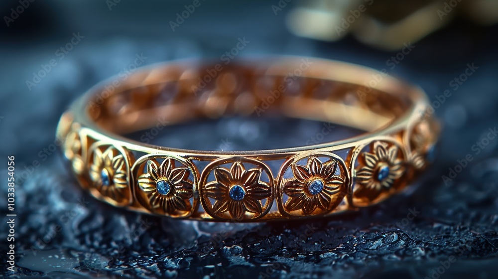 A beautifully detailed close-up shot of an intricately designed gold bracelet adorned with floral patterns and gemstones on a textured background A beautifully detailed close-up shot of an intricately designed gold bracelet adorned with floral patterns and gemstones on a textured background
