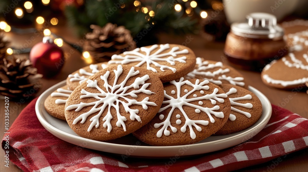 A plate filled with freshly baked gingerbread cookies sits on a festive table, surrounded by twinkling lights and seasonal decorations, inviting holiday cheer and warmth A plate filled with freshly baked gingerbread cookies sits on a festive table, surrounded by twinkling lights and seasonal decorations, inviting holiday cheer and warmth