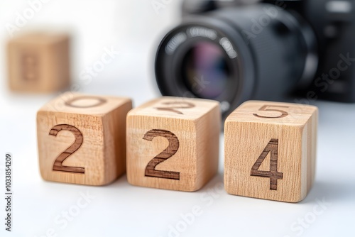  A Symbol of Time and Vision in Focus, three wooden blocks engraved with the numbers 2, 2, and 4, representing the year 2024. Positioned against the backdrop of a blurred camera lens photo