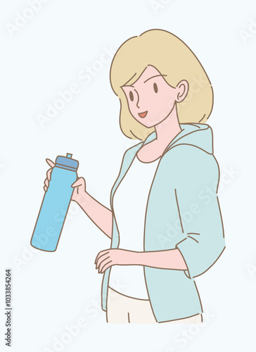 Young woman wearing sport wear, holding bottle of water, drinking more water. Girl holding reusable water bottle. Hand drawn flat cartoon character vector illustration. 