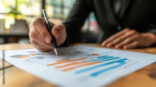 A business professional analyzing charts and graphs on a document in a modern office setting, highlighting data insights.