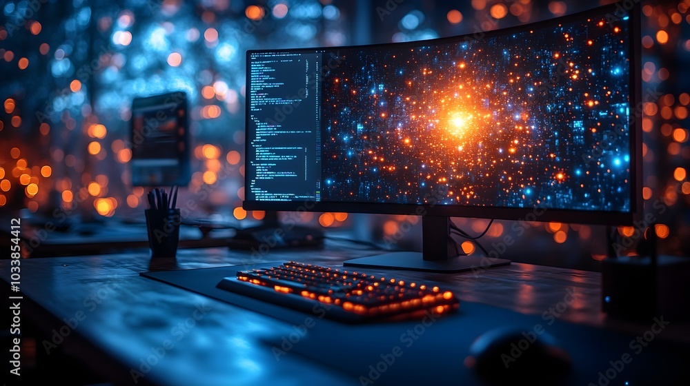 Illuminated Computer Workspace in Dark Office Setting Suggesting Technology and Software Development Illuminated Computer Workspace in Dark Office Setting Suggesting Technology and Software Development
