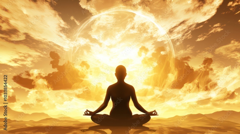 A person is meditating in front of a large sun A person is meditating in front of a large sun