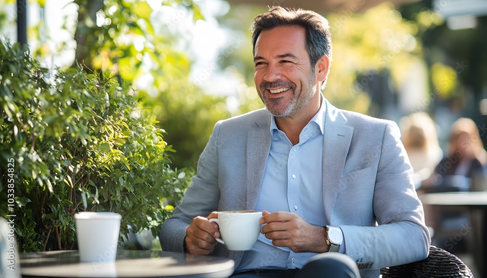 A man in a suit enjoys a cup of coffee at an outdoor cafe A man in a suit enjoys a cup of coffee at an outdoor cafe