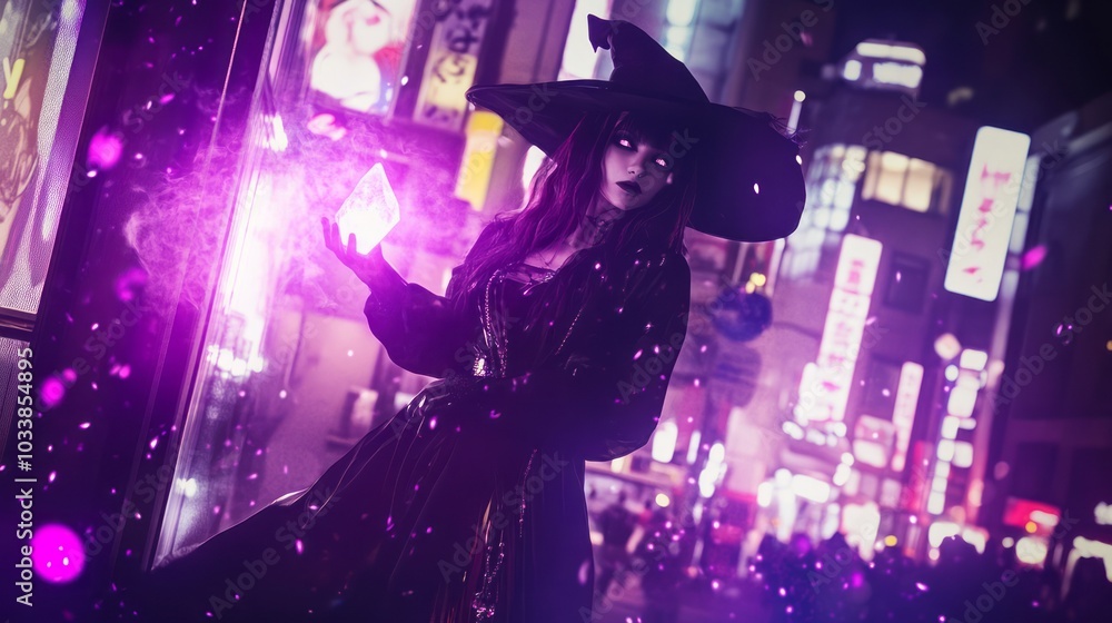 Naklejka premium A modern-day witch wearing fashionable gothic clothing, standing in a bustling city at night, surrounded by glowing neon signs, holding a magical glowing crystal, with subtle magical effects, stylish 