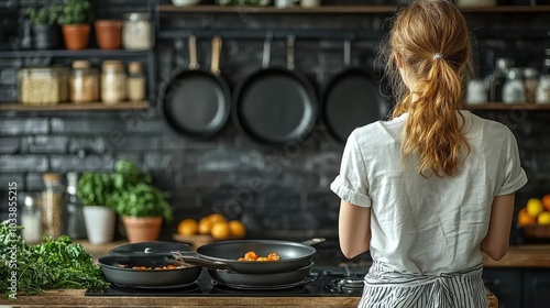 Set of non-stick frying pans hanging on the wall