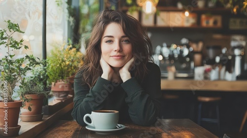 Birthday celebration for one, elegant woman in her 40s sipping coffee at a chic cafe, enjoying her special day