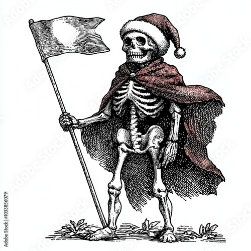 Skeleton in Santa hat holding a flag. photo