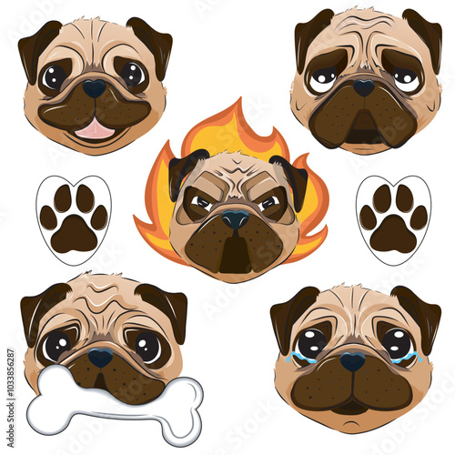 Pugs, stickers for notepad, stickers for social networks, paw, footprint, dog footprint, pug emotions
pug, pug puppy, dog portrait, happy pug, happy dog, character, sticker, social network, dog emotio photo