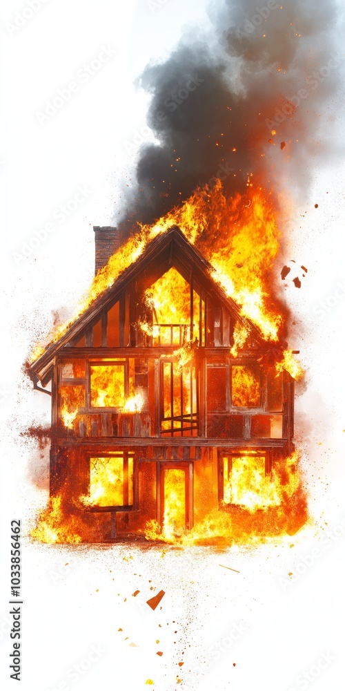 A house is on fire with smoke billowing out of the windows. The fire is so intense that it is almost as if the house is melting. The scene is chaotic and dangerous A house is on fire with smoke billowing out of the windows. The fire is so intense that it is almost as if the house is melting. The scene is chaotic and dangerous