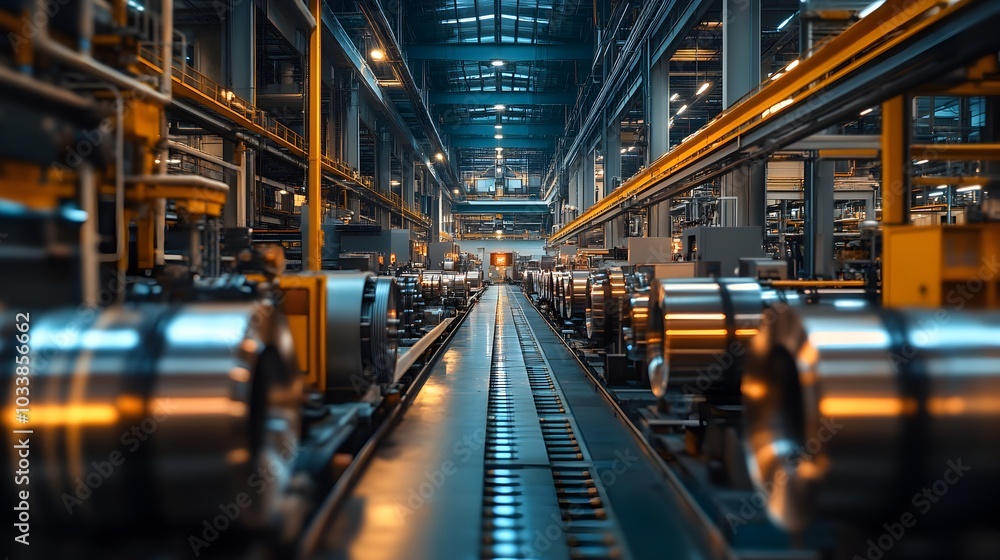 Expansive Industrial Warehouse with Rows of Shelves and Lighting Expansive Industrial Warehouse with Rows of Shelves and Lighting