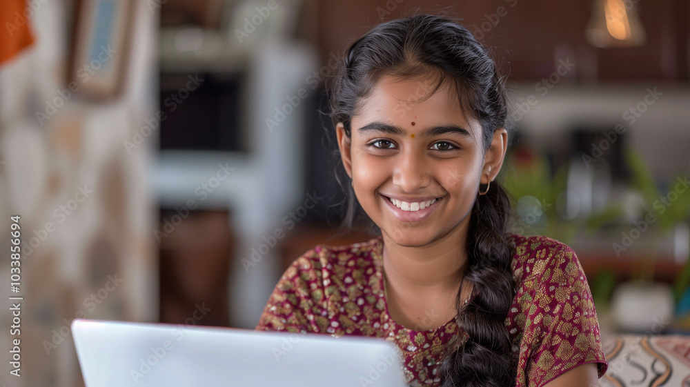 A smiling Indian teen girl in a modern home setting, focused on her laptop screen for online education A smiling Indian teen girl in a modern home setting, focused on her laptop screen for online education