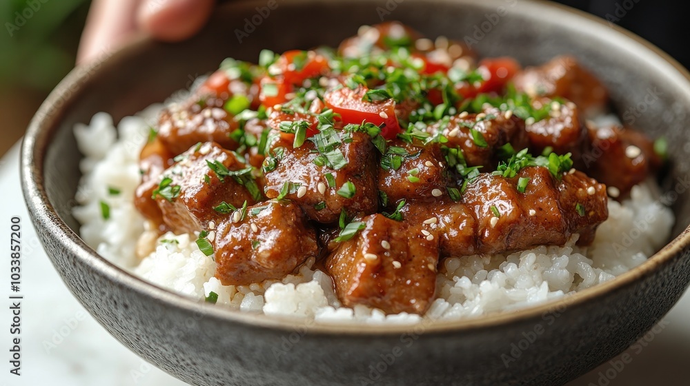 A bowl of rice topped with savory meat and fresh herbs. A bowl of rice topped with savory meat and fresh herbs.