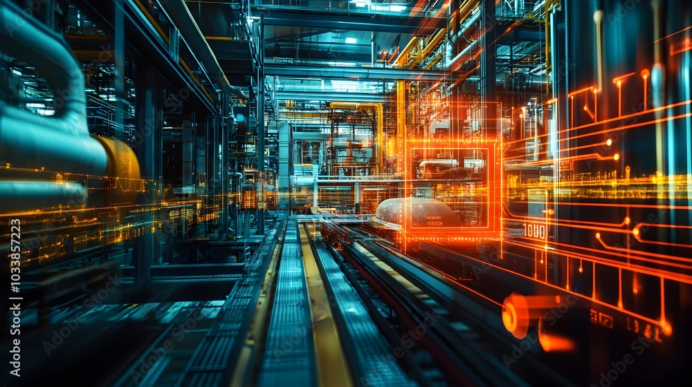 Futuristic Automated Industrial Pipeline and Machinery Inside Modern Factory Interior Futuristic Automated Industrial Pipeline and Machinery Inside Modern Factory Interior