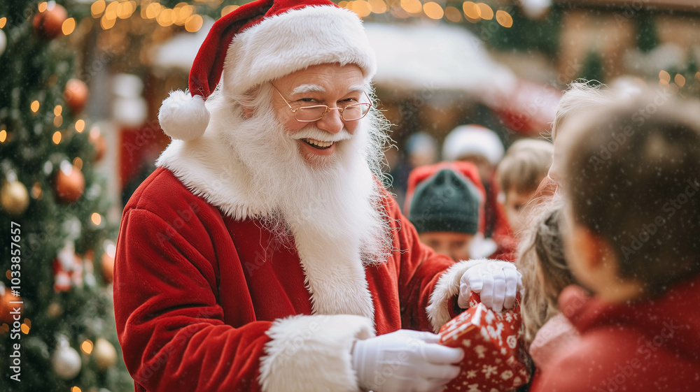 A cheerful Santa Claus in his traditional red suit, handing out presents to children at a holiday event, with festive decorations in the background A cheerful Santa Claus in his traditional red suit, handing out presents to children at a holiday event, with festive decorations in the background