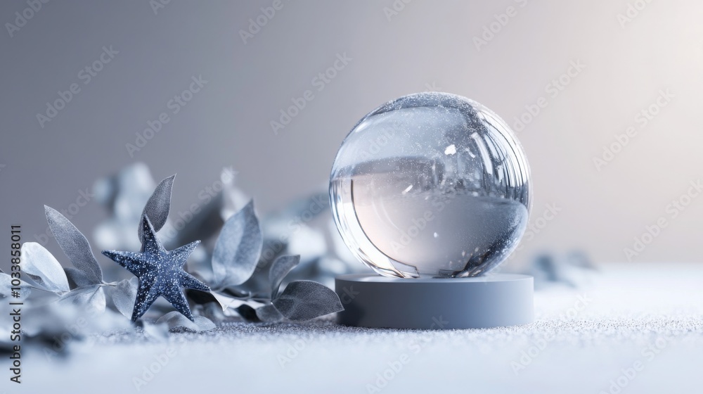 A glass globe is on a white surface, resting on a grey base. In the background, there is a small silver star and a few silver leaves. The globe appears to contain snow or ice. A glass globe is on a white surface, resting on a grey base. In the background, there is a small silver star and a few silver leaves. The globe appears to contain snow or ice.