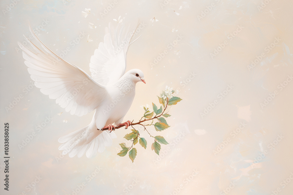 Obraz premium White dove flying with olive branch on light background