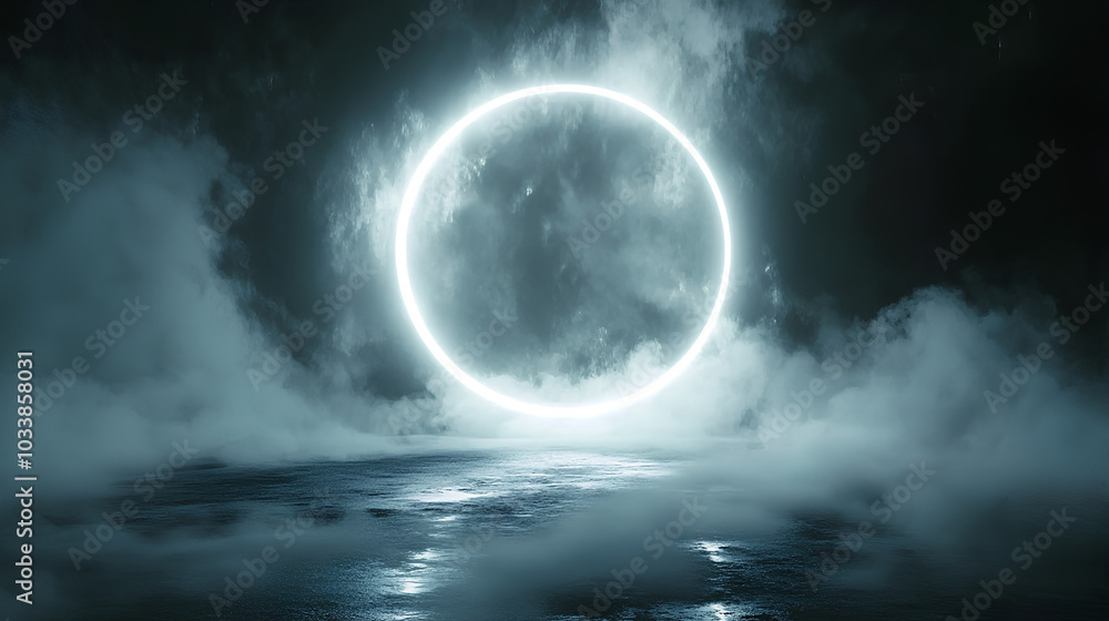 White magical geometric circle neon portal shrouded in light smoke. Round glowing frame White magical geometric circle neon portal shrouded in light smoke. Round glowing frame