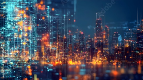 Dazzling Futuristic Metropolis with Towering Skyscrapers and Modern Architecture Illuminated at Night