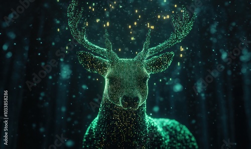 Digital Deer in Forest, Glowing Data Visualization Art photo