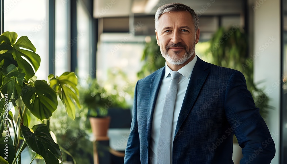 Confident Businessman in a Suit and Tie Standing in an Office Confident Businessman in a Suit and Tie Standing in an Office