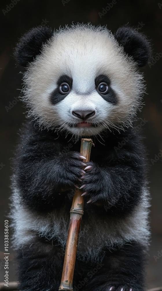 A cute panda cub holding a bamboo stick, showcasing its playful nature. A cute panda cub holding a bamboo stick, showcasing its playful nature.
