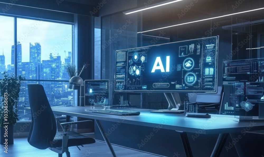 Futuristic AI Workspace with Digital Displays and City View