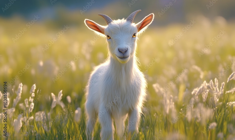 Fototapeta premium Majestic Goat in Sunlit Meadow