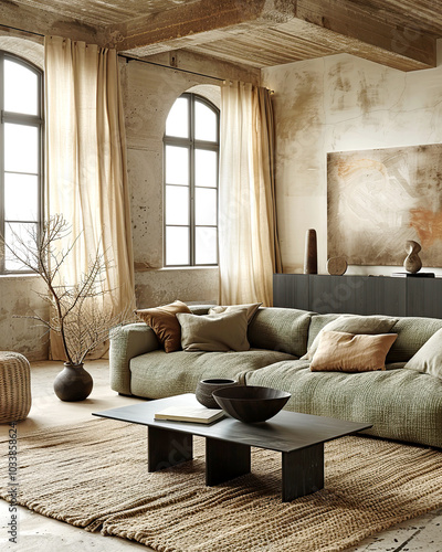 Minimalist, loft interior design of modern living room with arched windows, light curtains, and olive green textured sofa on a natural woven rug.