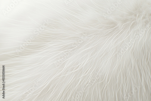 Close-up of soft, fluffy white fur texture, showcasing fine hair strands and a smooth appearance. Ideal for backgrounds or textile designs.