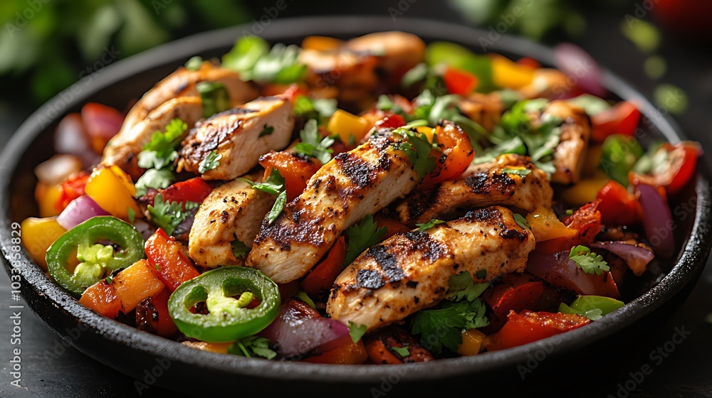A close-up view of grilled chicken with colorful peppers and onions in a black skillet. A close-up view of grilled chicken with colorful peppers and onions in a black skillet.