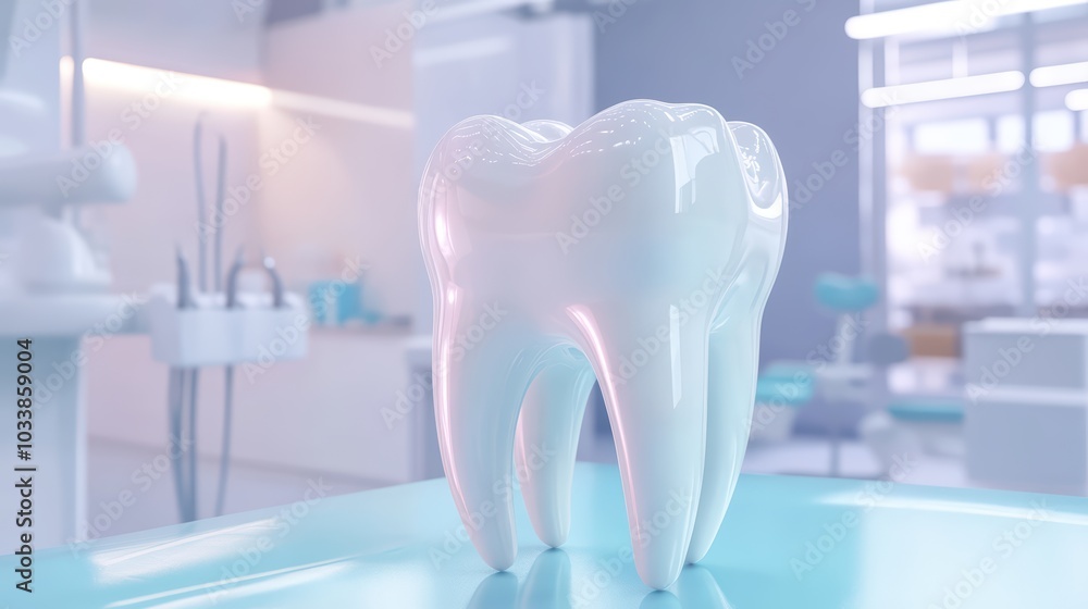 A close-up view of a glossy tooth model in a modern dental clinic, emphasizing dental health and hygiene. A close-up view of a glossy tooth model in a modern dental clinic, emphasizing dental health and hygiene.