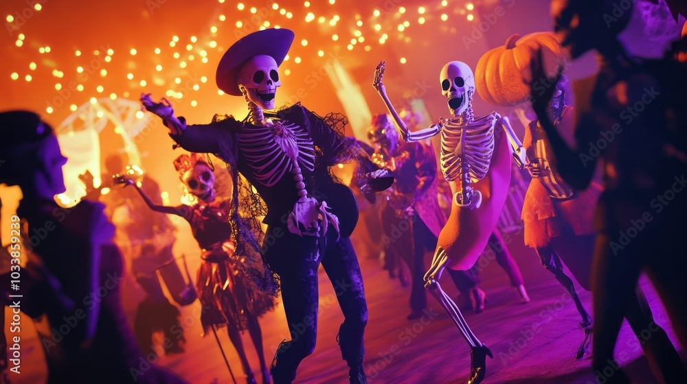 A vibrant Halloween party with a diverse group of people dressed in creative costumes A vibrant Halloween party with a diverse group of people dressed in creative costumes