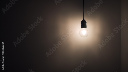 Dark empty room with single flickering light bulb casting long shadows, emphasizing absence of power and eerie atmosphere, minimalist setting with focus on light bulb's glow.