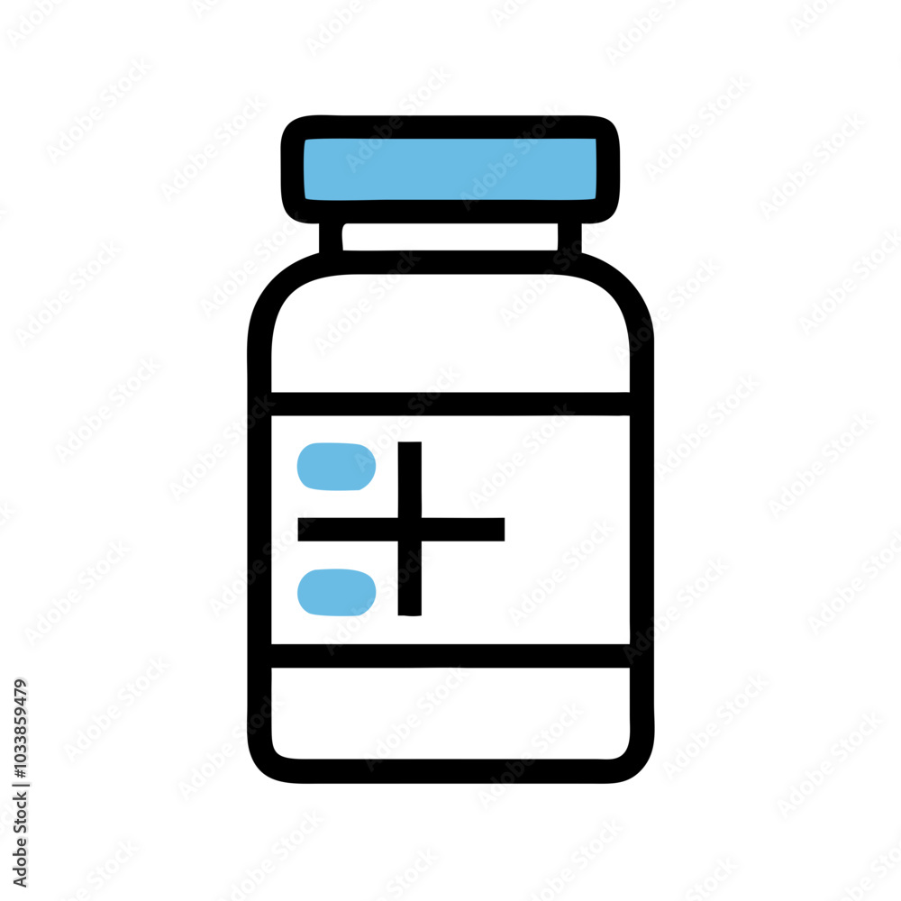 Minimalist medication bottle icon in black and blue representing pharmaceutical products Minimalist medication bottle icon in black and blue representing pharmaceutical products