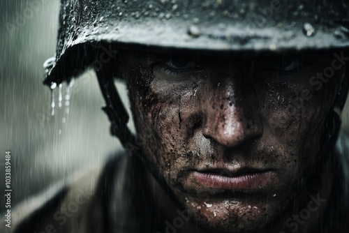 A determined, rain-soaked soldier wears a helmet, his stern expression underscoring the harsh realities and inner resilience of a battle-weary life. photo