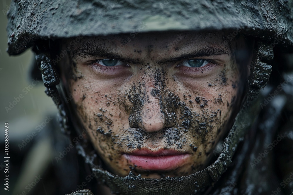 A soldier's face is covered in mud, representing a test of endurance and highlighting the perseverance and strength required in the face of challenging conditions. A soldier's face is covered in mud, representing a test of endurance and highlighting the perseverance and strength required in the face of challenging conditions.