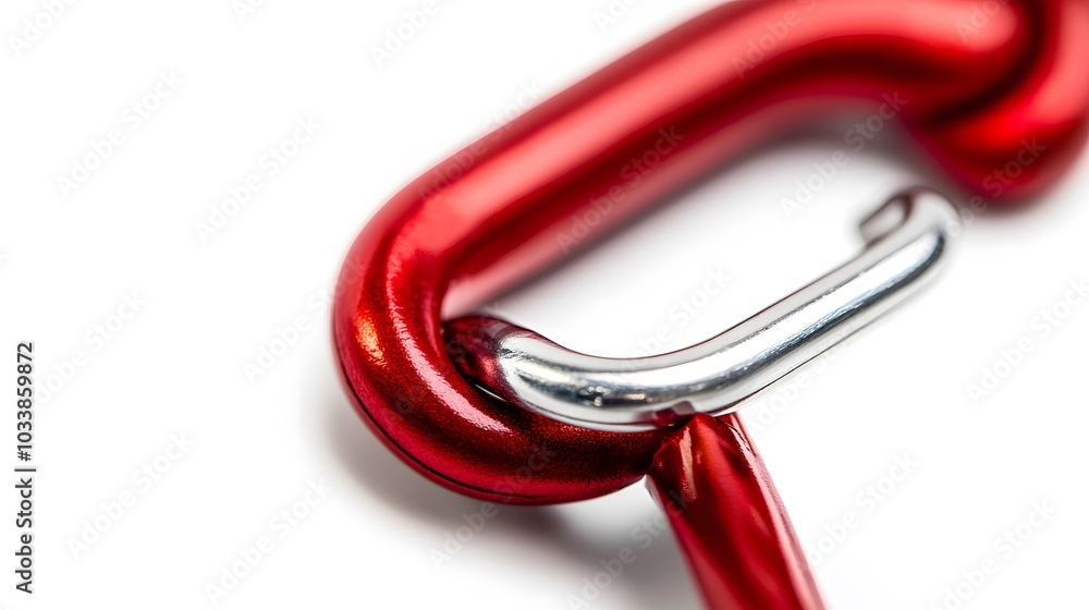 Red locking karabiner done up, isolated on white background, with copy space. Close up of locking carabiner. Basic climbing gear. Red locking karabiner done up, isolated on white background, with copy space. Close up of locking carabiner. Basic climbing gear.