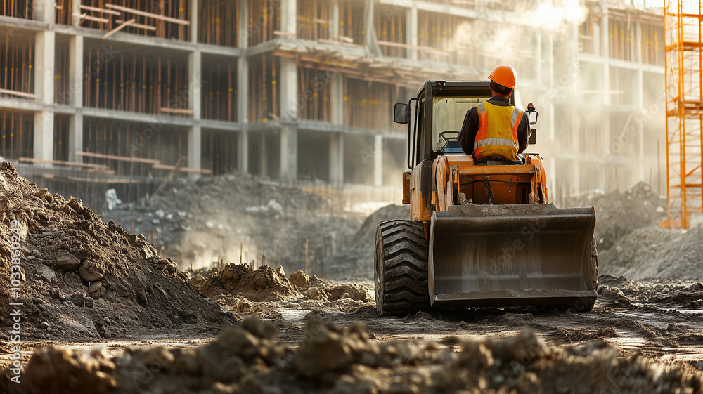 A construction worker operating a backhoe loader, with a construction site filled with earth-moving equipment and building structures under construction A construction worker operating a backhoe loader, with a construction site filled with earth-moving equipment and building structures under construction