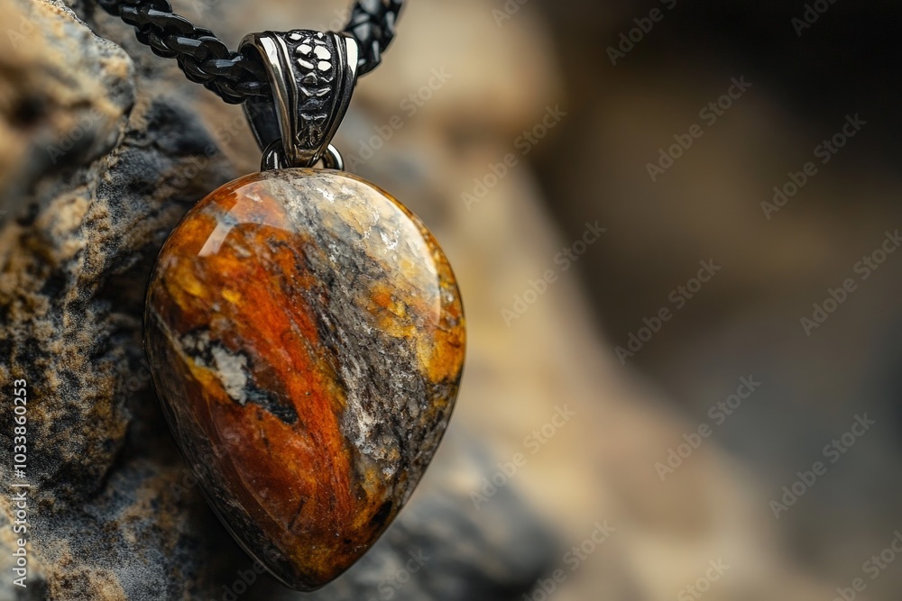 An earth-toned stone pendant contrasts against a rough textured rock surface, highlighting its natural beauty and rugged design, reminiscent of ancient times. An earth-toned stone pendant contrasts against a rough textured rock surface, highlighting its natural beauty and rugged design, reminiscent of ancient times.
