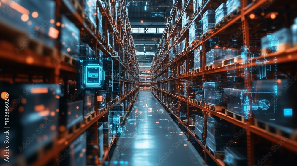 Futuristic Digital Warehouse Aisle with Advanced Technology and Virtual Interface Overlay for Smart Inventory Management Futuristic Digital Warehouse Aisle with Advanced Technology and Virtual Interface Overlay for Smart Inventory Management
