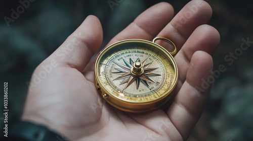 Strat-compass in digital hand. Vision crisis, Mission path, Creative agency, Digital strategy, Market decisions, Achievement strategies, Financial stock, Company vision concepts.