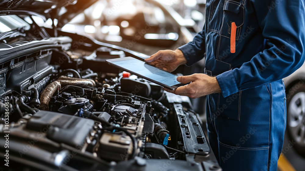 The car service manager or mechanic uses a tablet computer equipped with a futuristic interactive diagnostics software so that they can inspect the vehicle for broken components in the engine bay The car service manager or mechanic uses a tablet computer equipped with a futuristic interactive diagnostics software so that they can inspect the vehicle for broken components in the engine bay