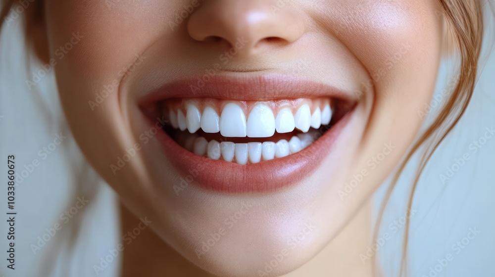 Obraz premium A woman with a big smile on her face, showing off her white teeth