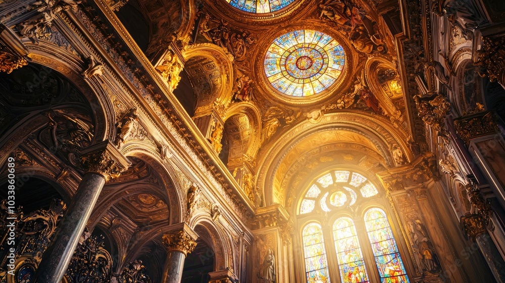 Obraz premium A close-up of the domed ceiling of an ornate church with detailed frescoes and stained glass windows