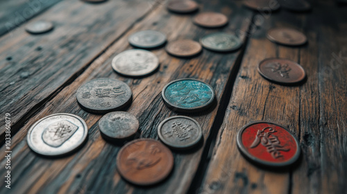 Ancient Chinese coins scattered on a wooden table, aged and worn photo