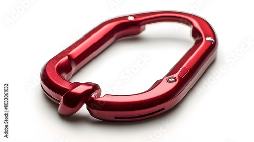 Red locking karabiner done up, isolated on white background, with copy space. Close up of locking carabiner. Basic climbing gear.  photo