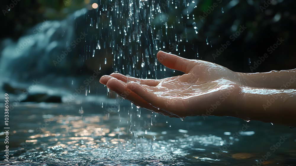 Fototapeta premium Close-up of a person's hand catching clear water droplets from a natural river. Water saving concept